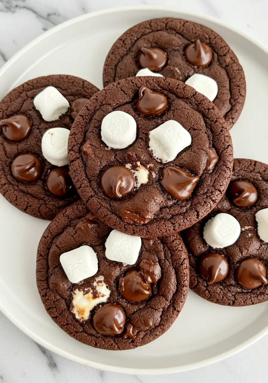 Hot chocolate cookies on a white plate.