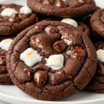 Hot chocolate cookies on a white plate against a white marble surface.