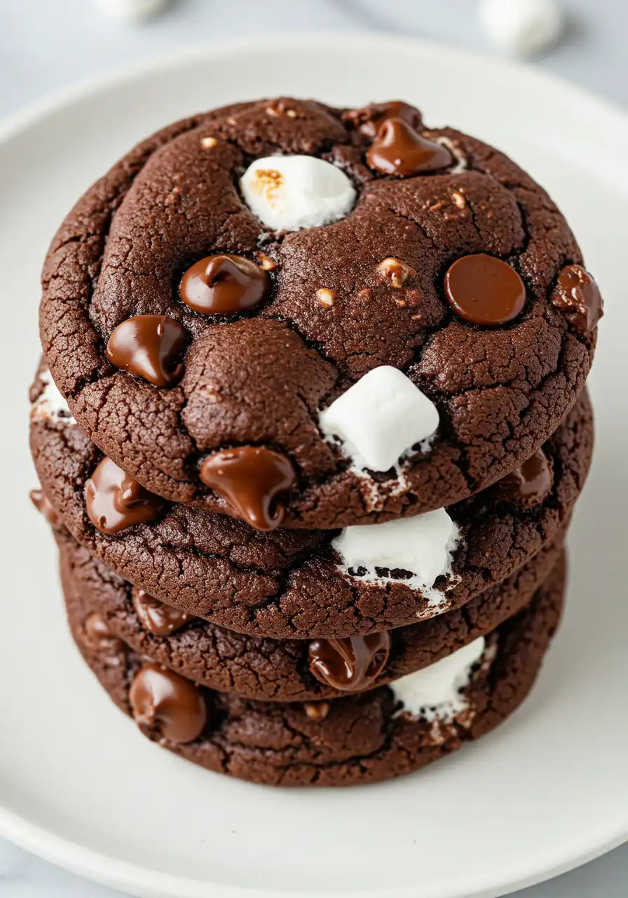 Stack of hot chocolate cookies on a white plate.