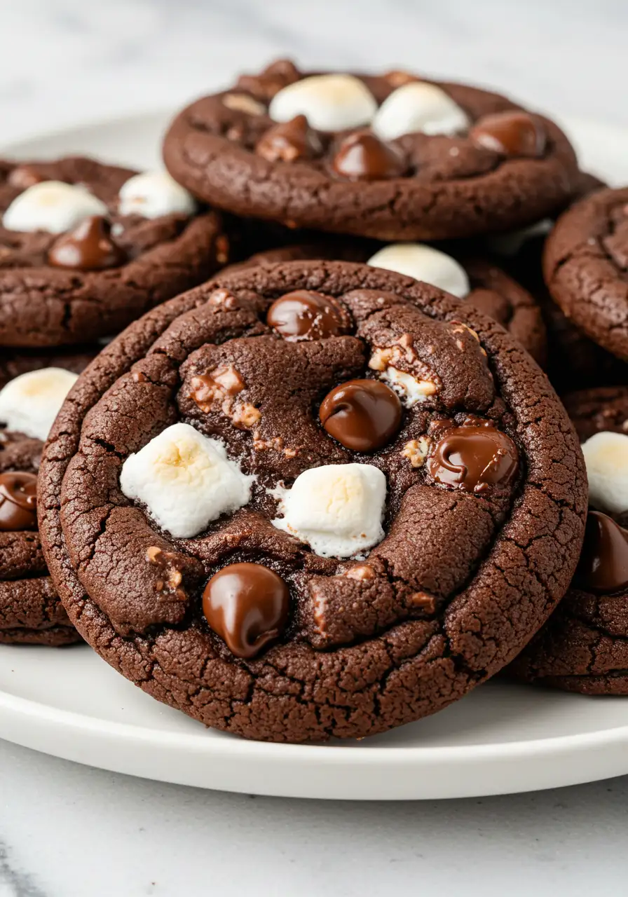 Hot chocolate cookies on a white plate against a white marble surface.