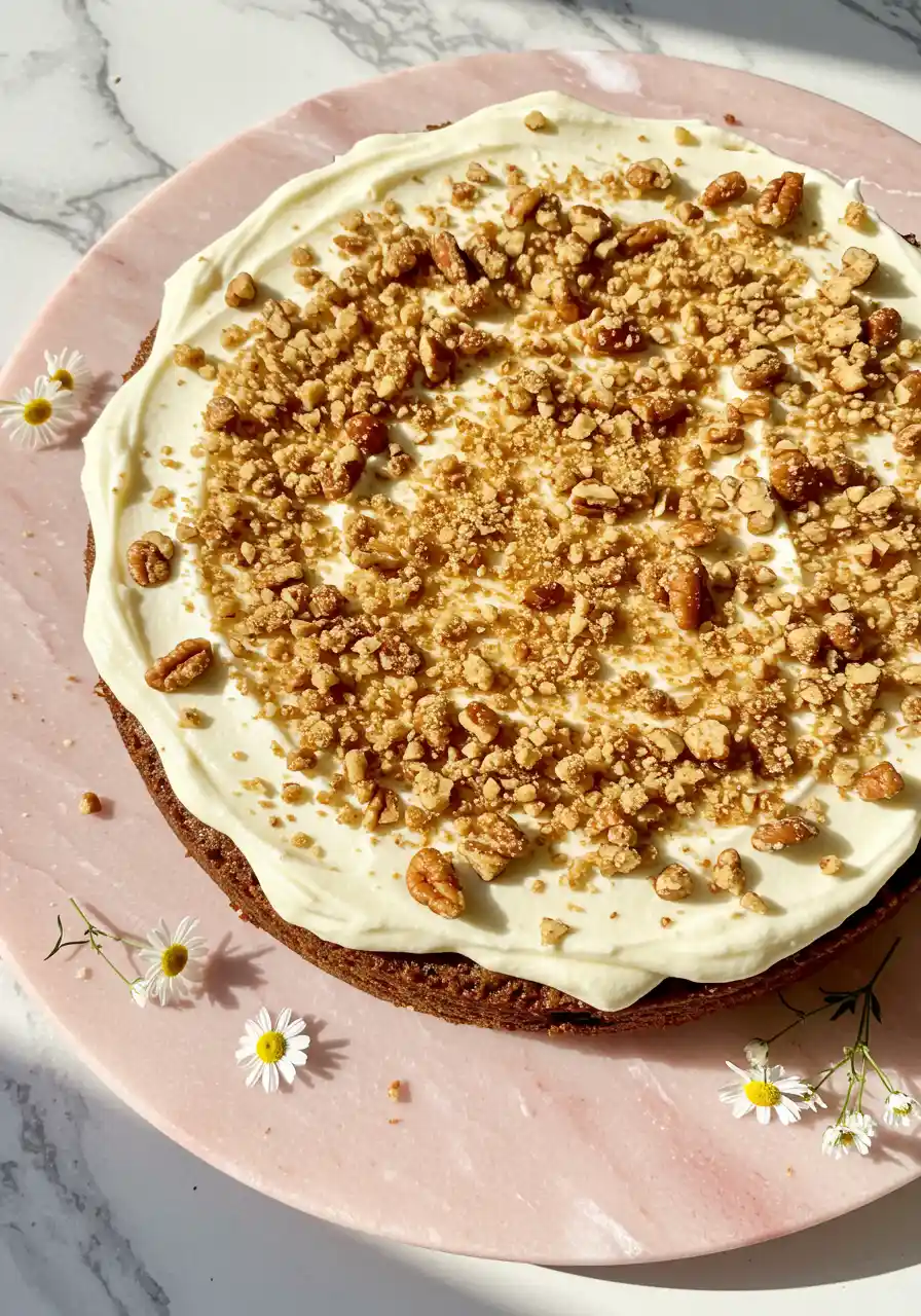 Hummingbird cake on a light pink plate and some Marguerite flowers are gently scattered around the plate.