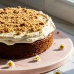Hummingbird cake on a light pink plate against a white marble surface and some Marguerite flowers are gently scattered around the plate.