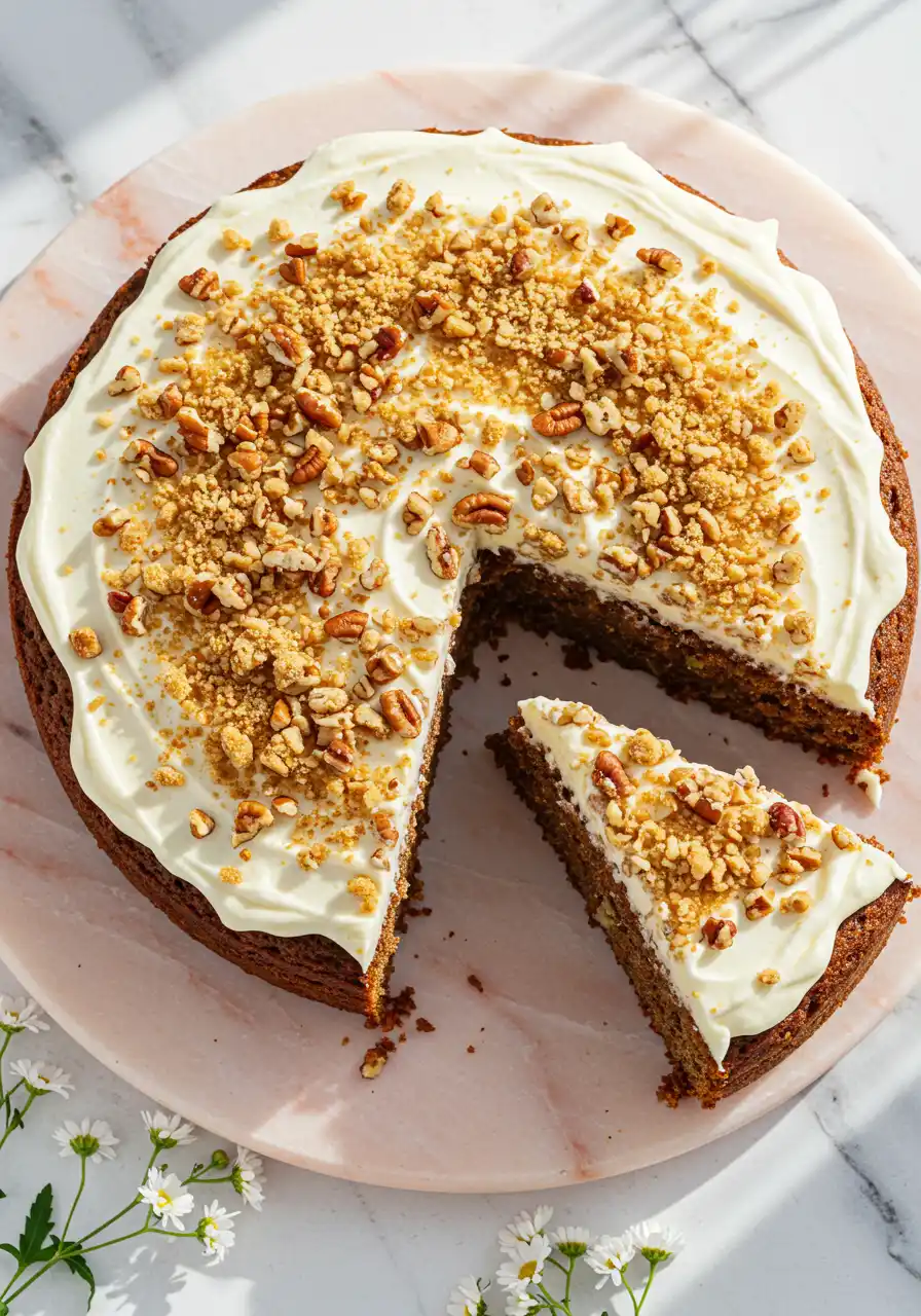 Hummingbird cake on a light pink plate against a white marble surface with a slice missing.