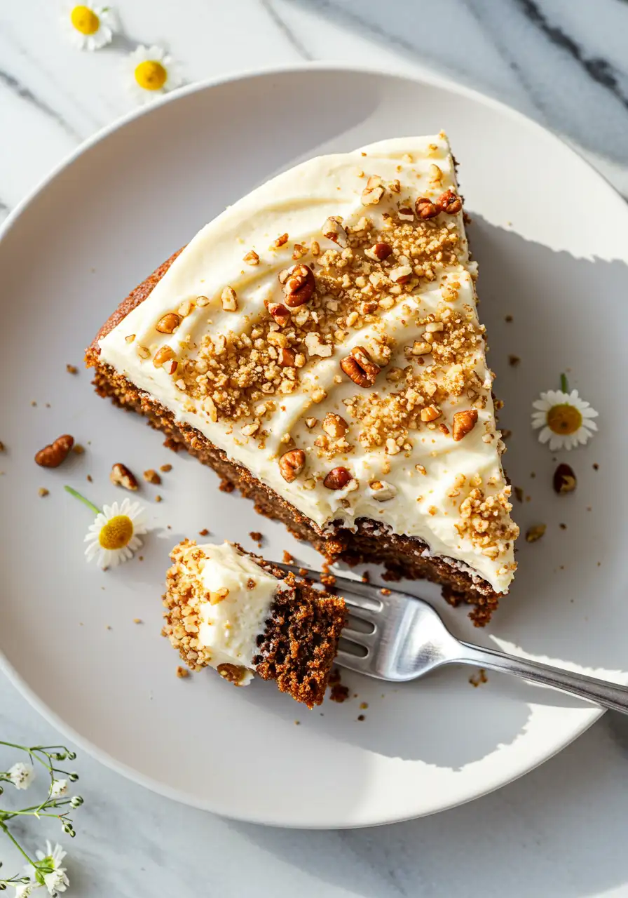 A slice of Hummingbird cake with a forkful bite on a white plate.