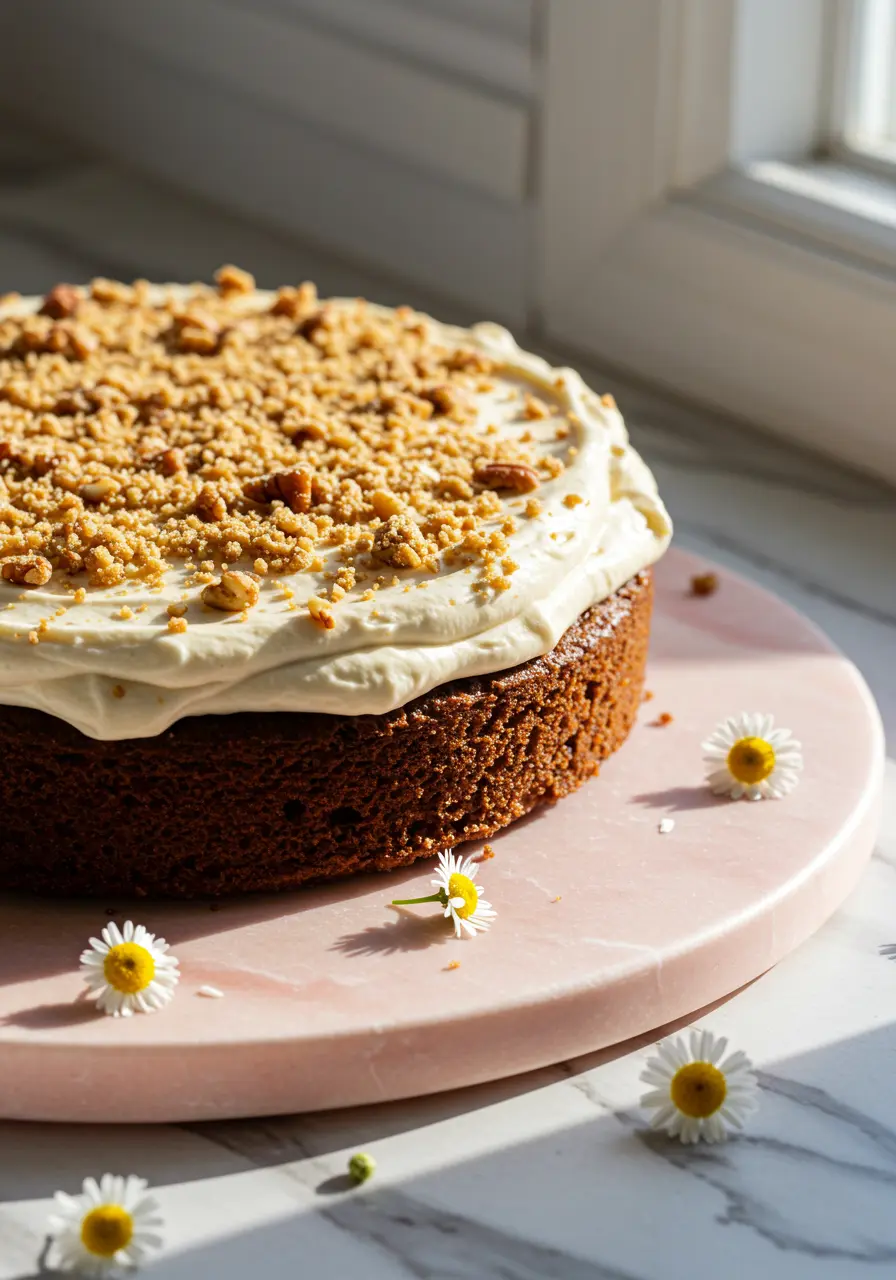 Hummingbird cake on a light pink plate against a white marble surface and some Marguerite flowers are gently scattered around the plate.