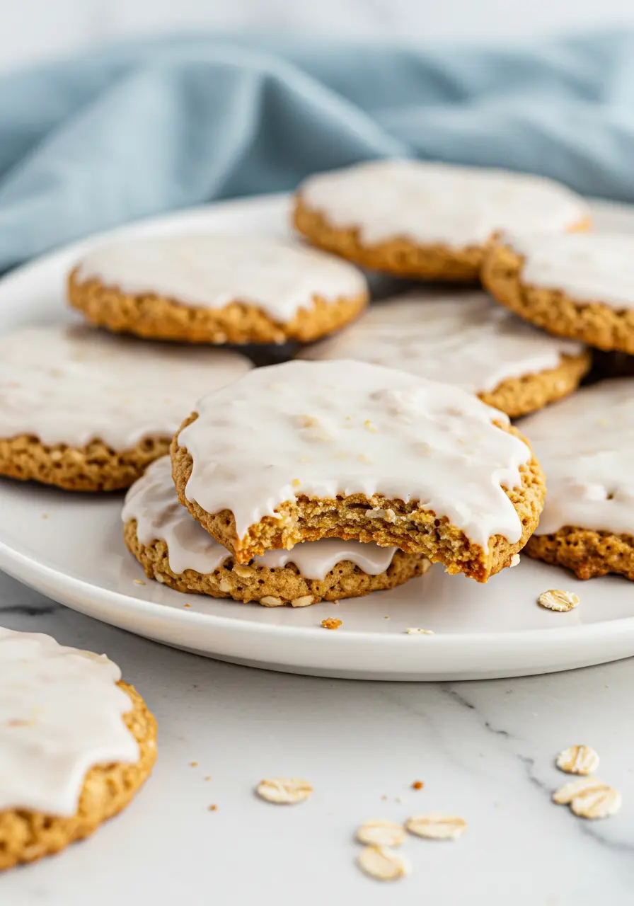 Iced oatmeal cookies on a white plate against a white marble surface and a light blue napkin around.