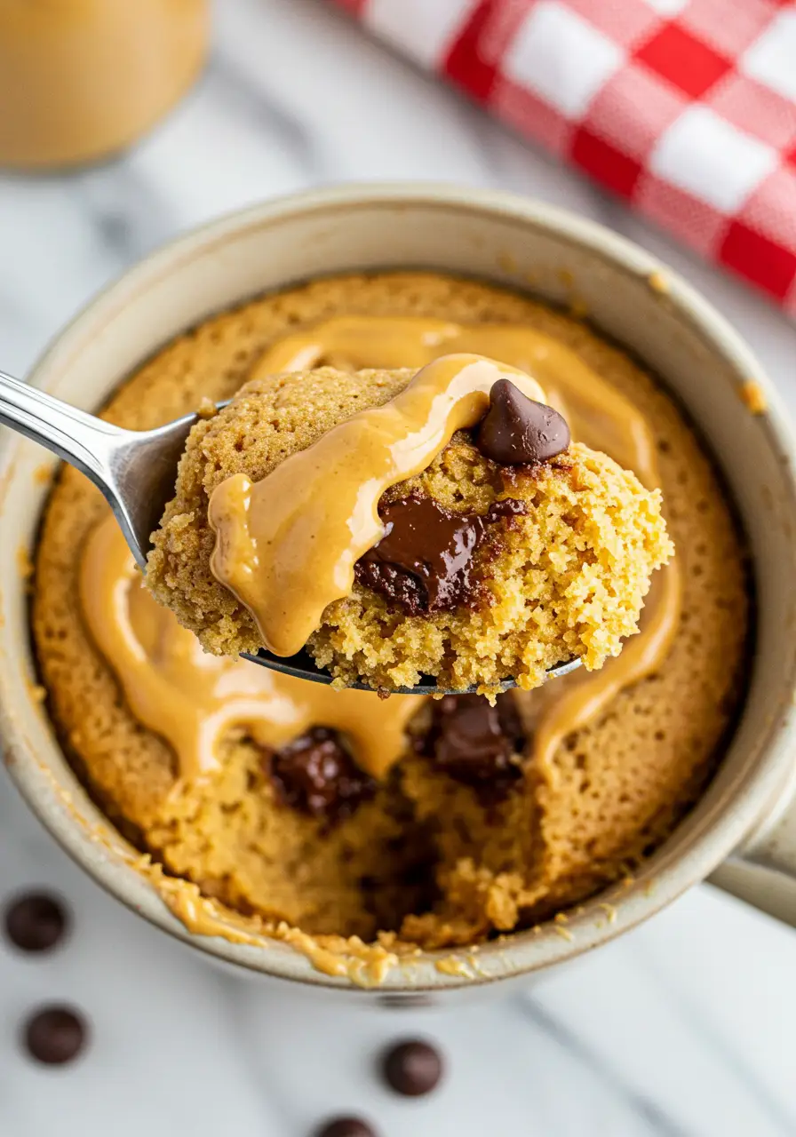 A spoon lifting a fudgy bite of peanut butter mug cake with melted chocolate chips and creamy peanut butter swirls.