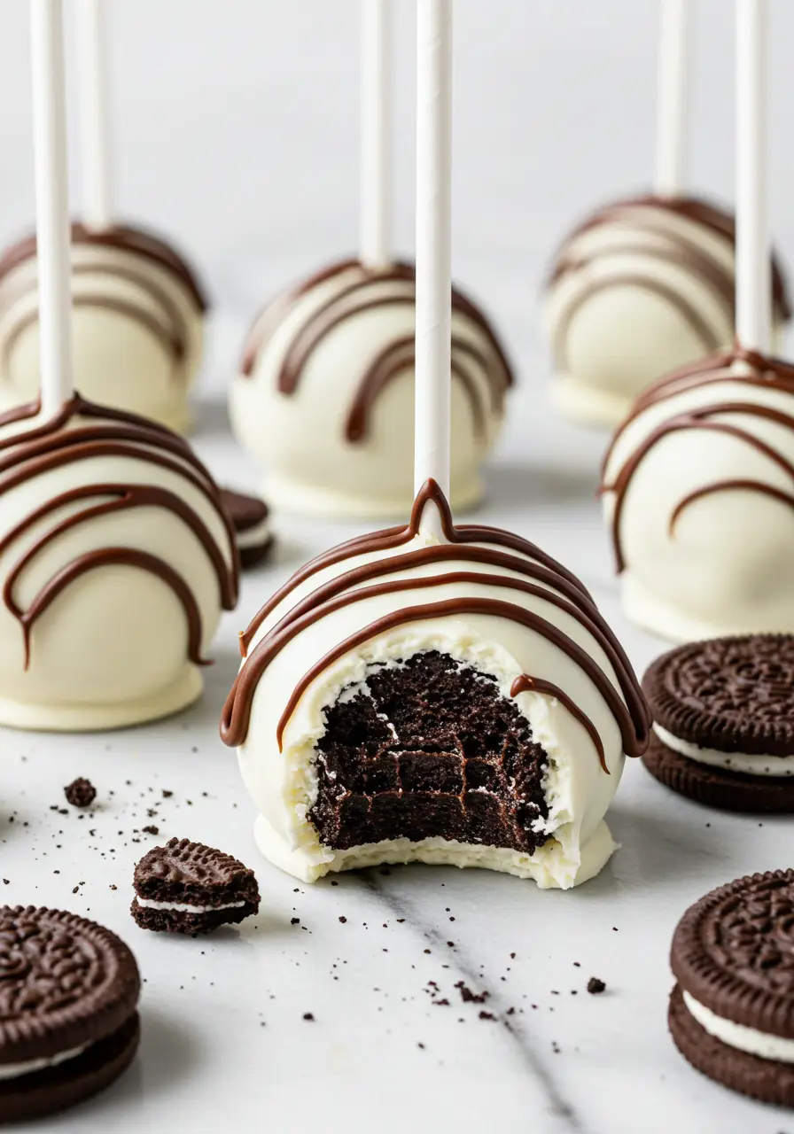 Oreo cake pops on a white marble surface.