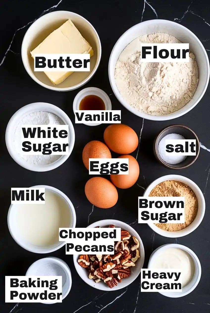 Ingredients for Butter Pecan Pound Cake placed on a dark marble surface.