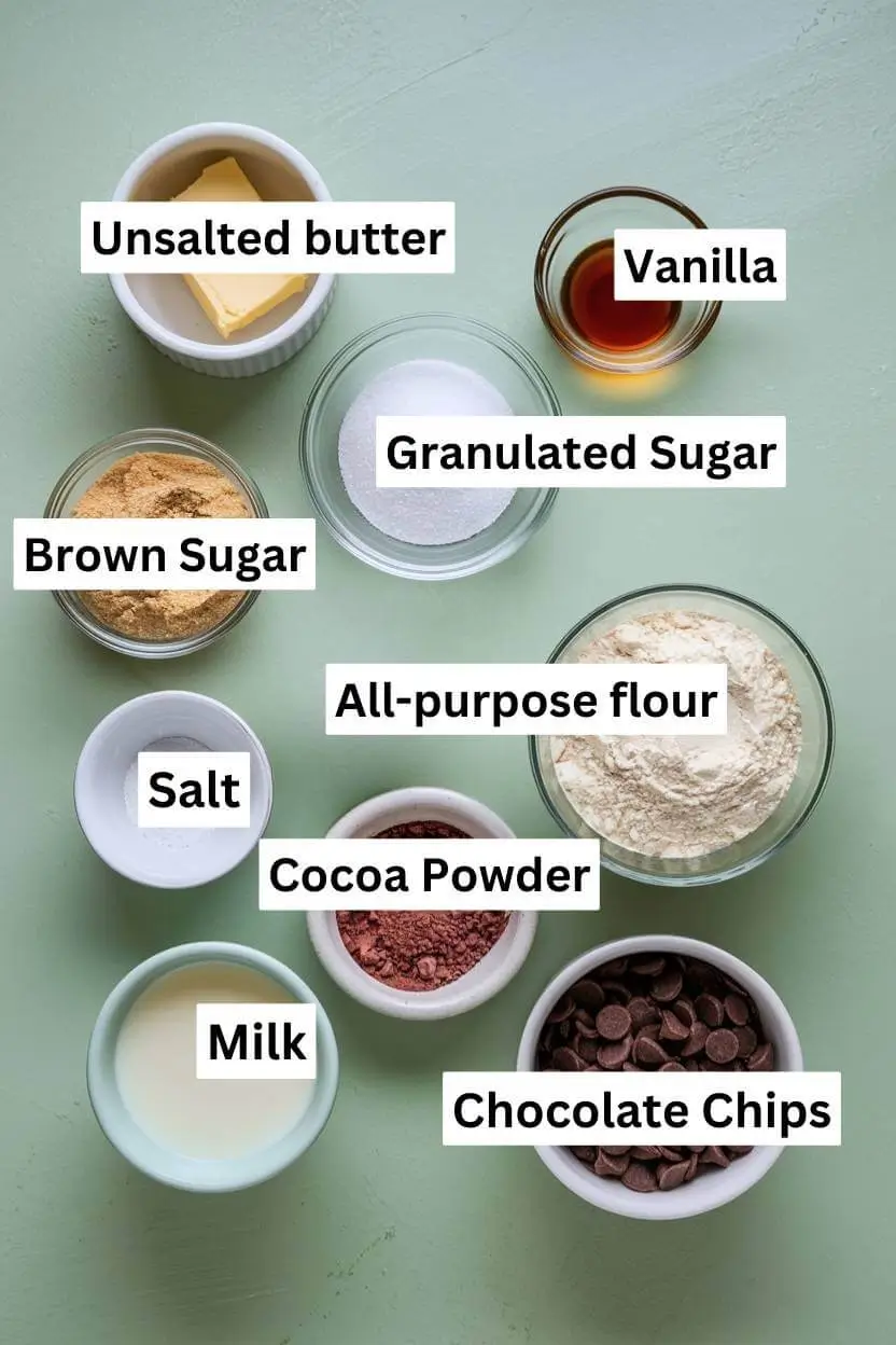 Ingredients for edible brownie batter including vanilla, butter, sugar, flour, salt, cocoa powder, chocolate chips, and milk