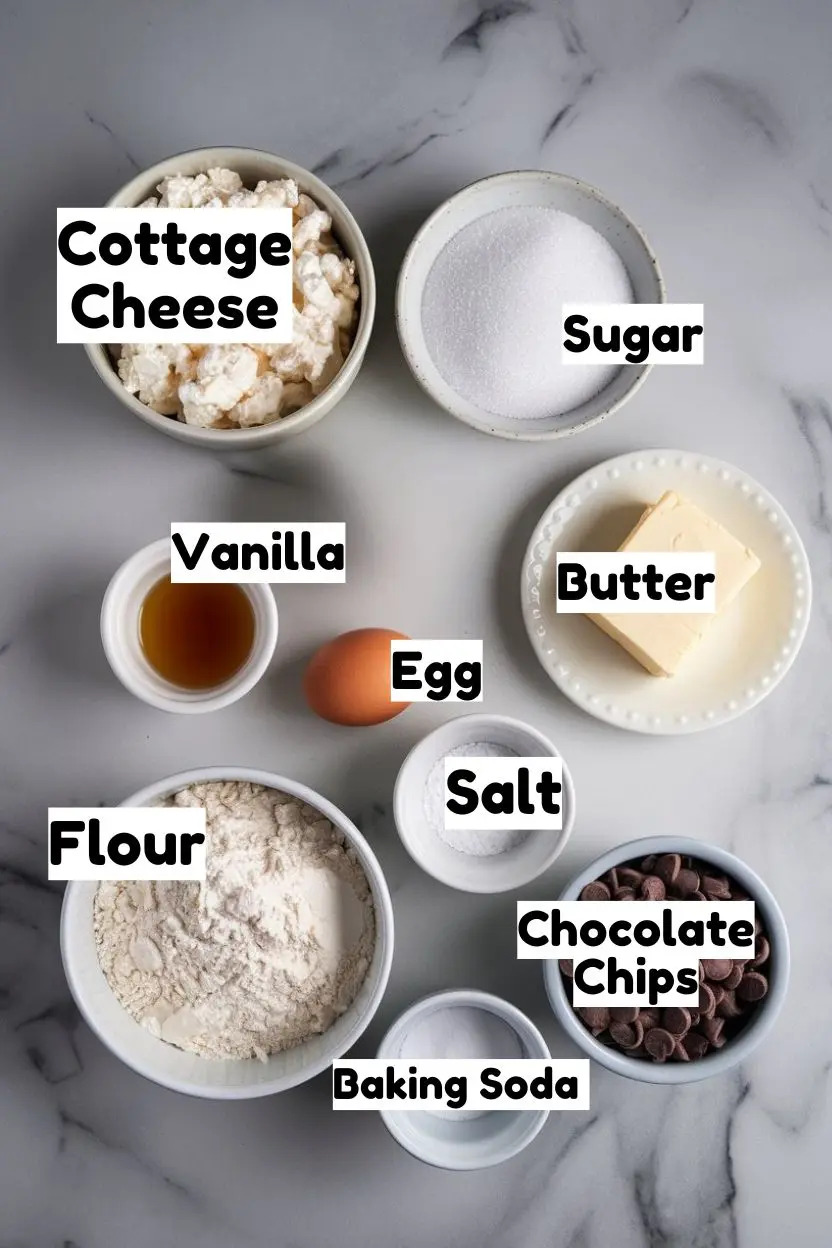 The ingredients of Cottage Cheese Chocolate Chip Cookies are placed on a white marble surface.
