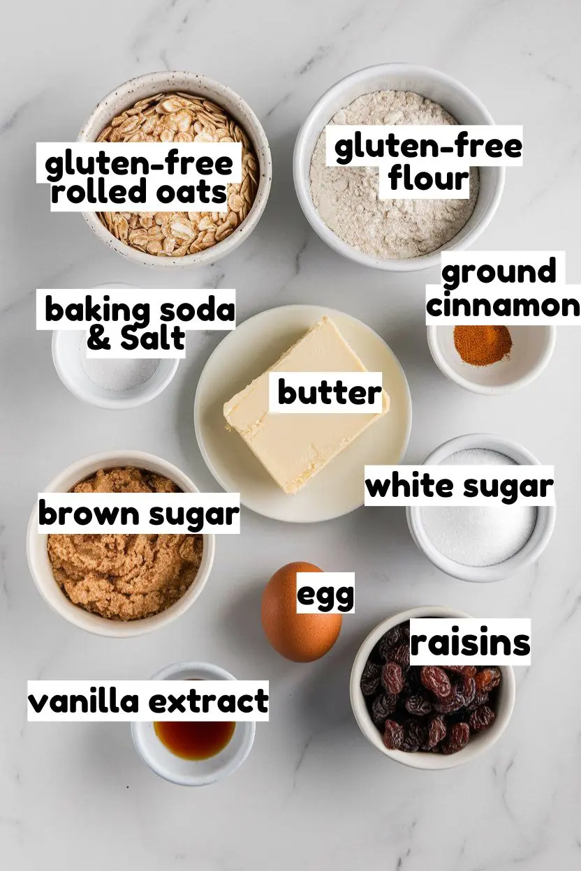 Ingredients of Gluten-Free Oatmeal Raisin Cookies on a white plate against white marble surface.