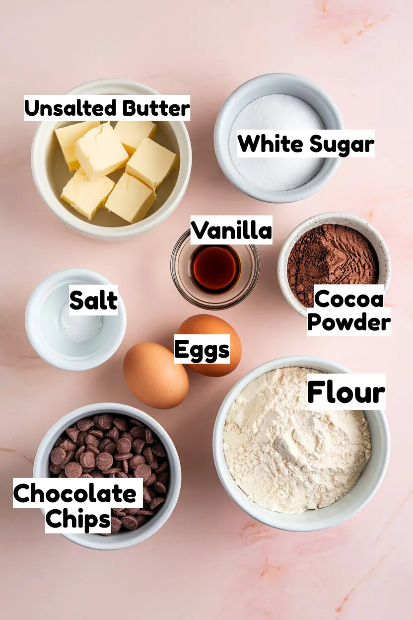 Ingredients of Brownie bites on a light pink surface including flour, butter, cocoa powder, chocolate chips, sugar, vanilla, eggs, and salt.