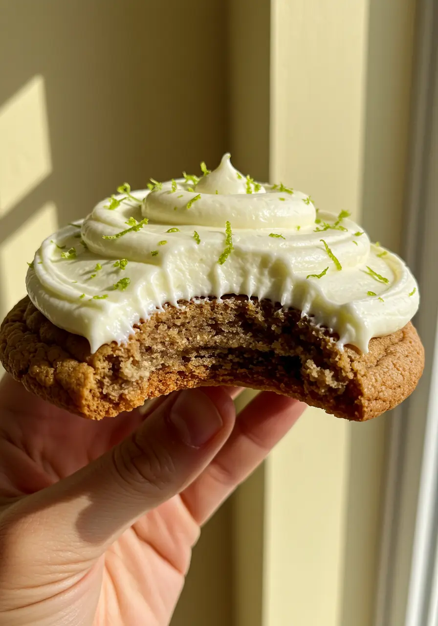 A hand holding one Key lime cookie with a bite taken out of it.