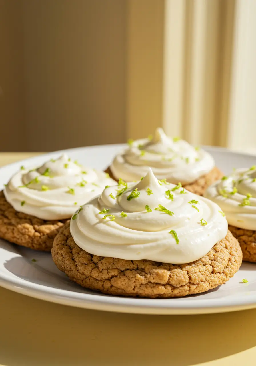 Key lime cookies placed on a white plate against a light-yellow surface.