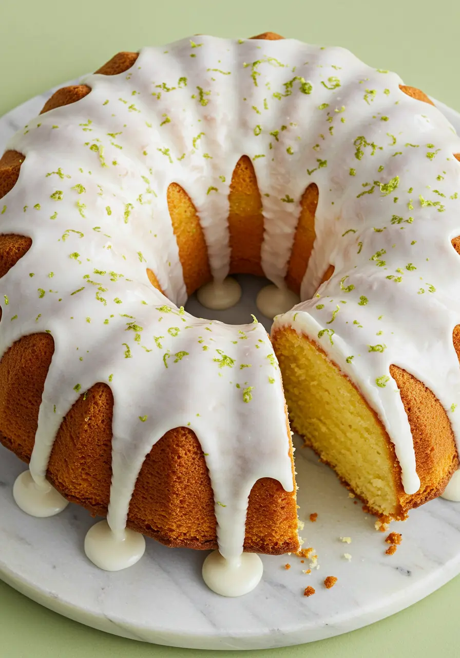 Key lime pound cake on a white marble plate against a light green surface with a slice missing.
