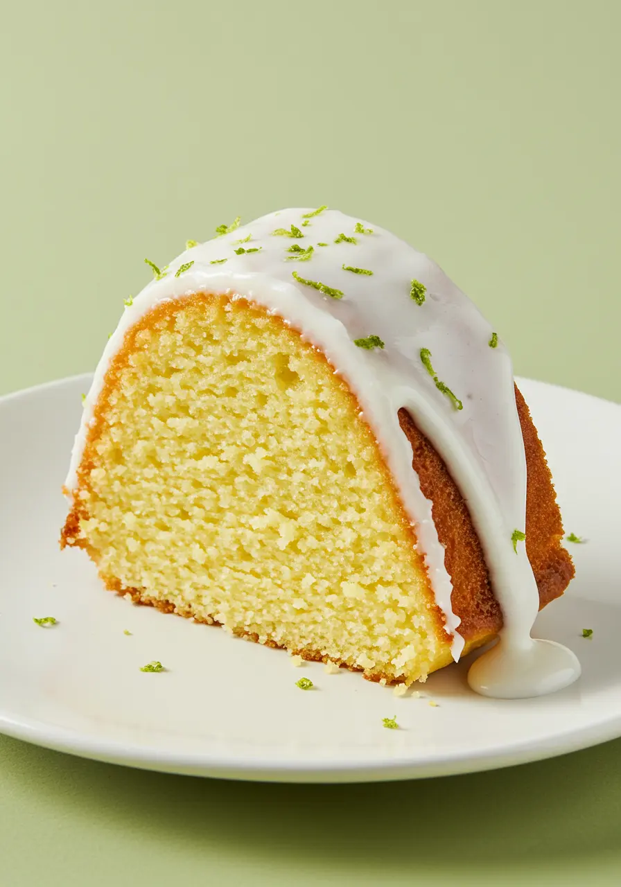 A slice of key lime pound cake on white plate.