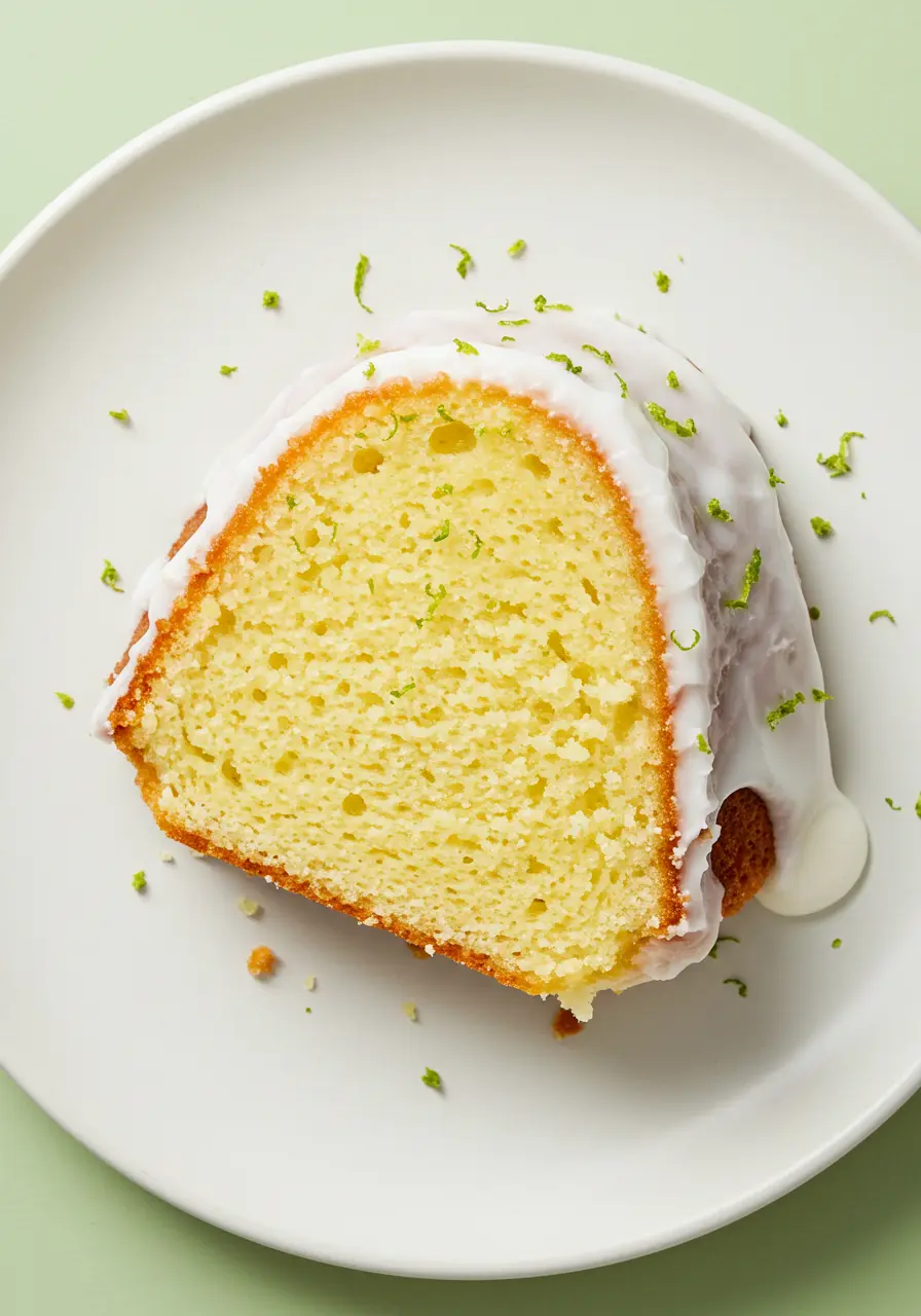 A slice of key lime pound cake on white plate against a light green surface.