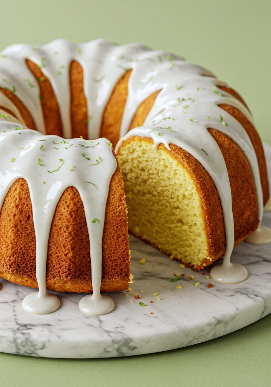 Key lime pound cake on a white marble flat plate with a slice missing.