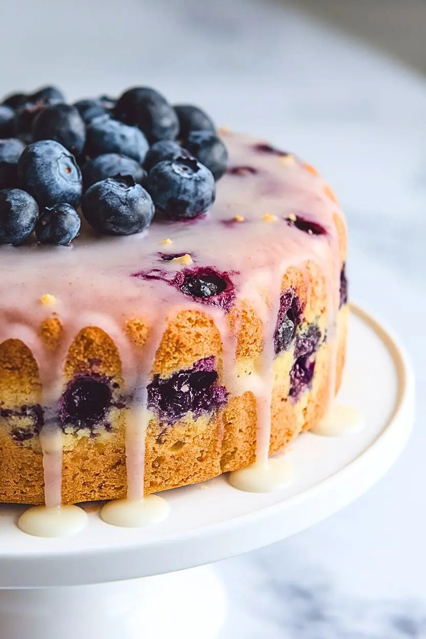 Lemon Blueberry Cake on a white cake stand against white marble surface.