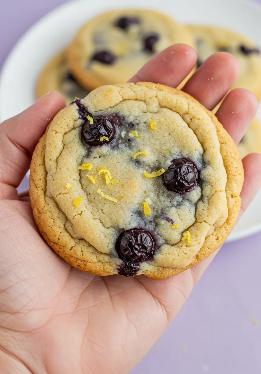 A hand carefully holding one lemon blueberry cookie.