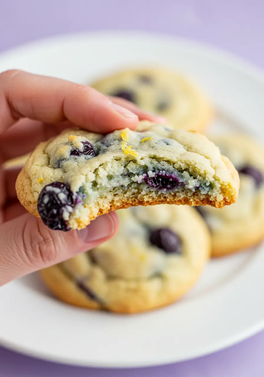 A hand holding one lemon blueberry cookie with a bite taken out of it.