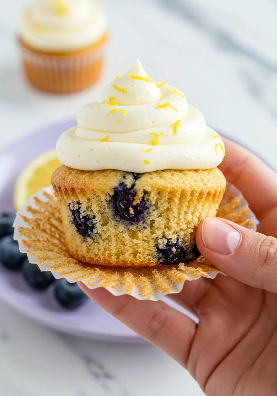 A hand gently holding one lemon blueberry cupcake.