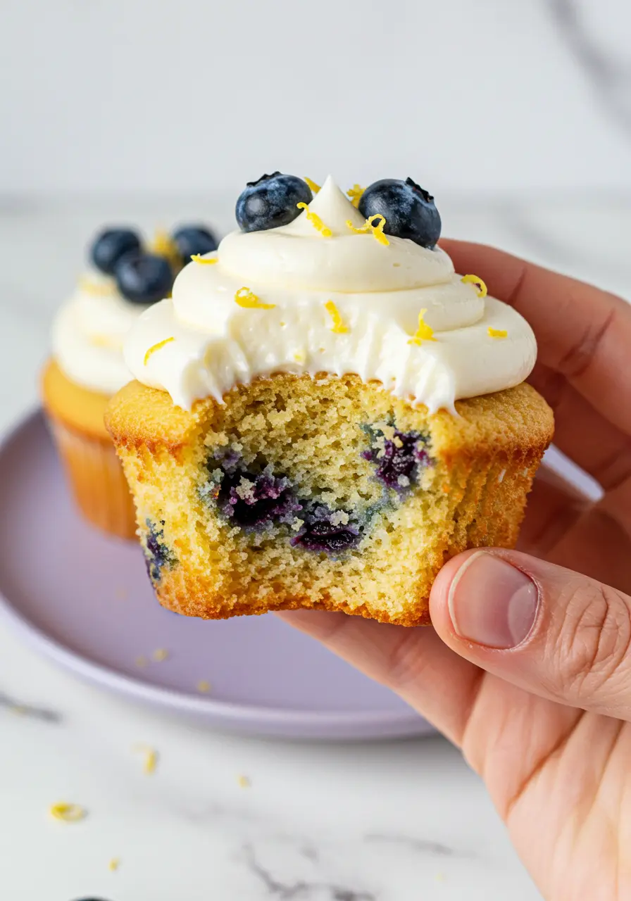 A hand gently holding one lemon blueberry cupcake with a bite taken out of it.