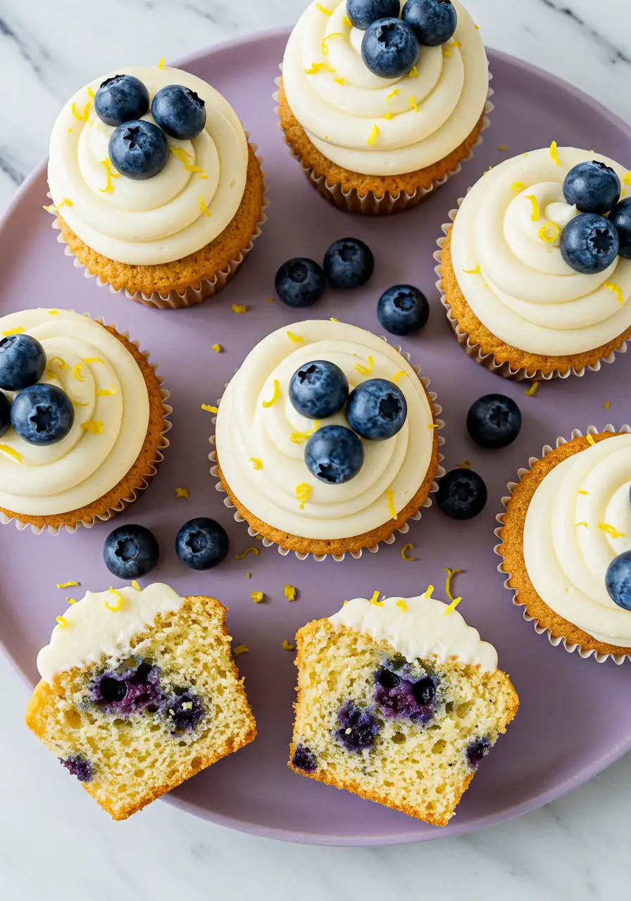 Lemon blueberry cupcakes on a light purple plate and one of them split in half.