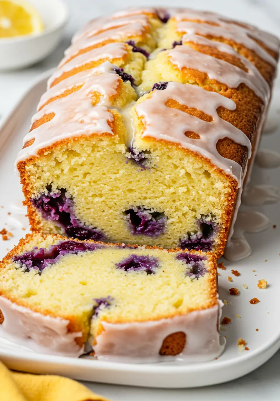 Lemon Blueberry Pound Cake on a white plate drizzled with lemon glaze.