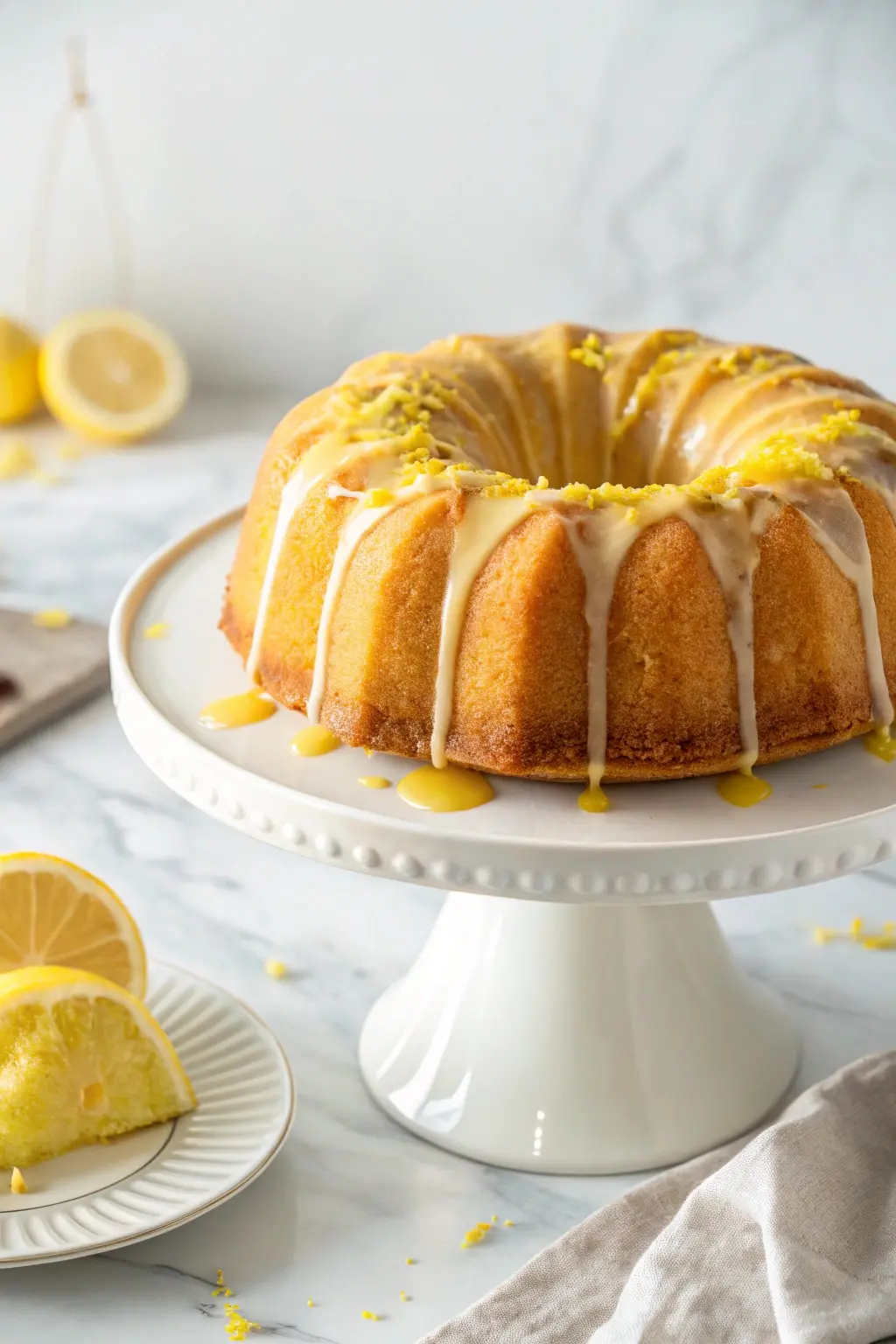a lemon bundt cake on a white cake stand