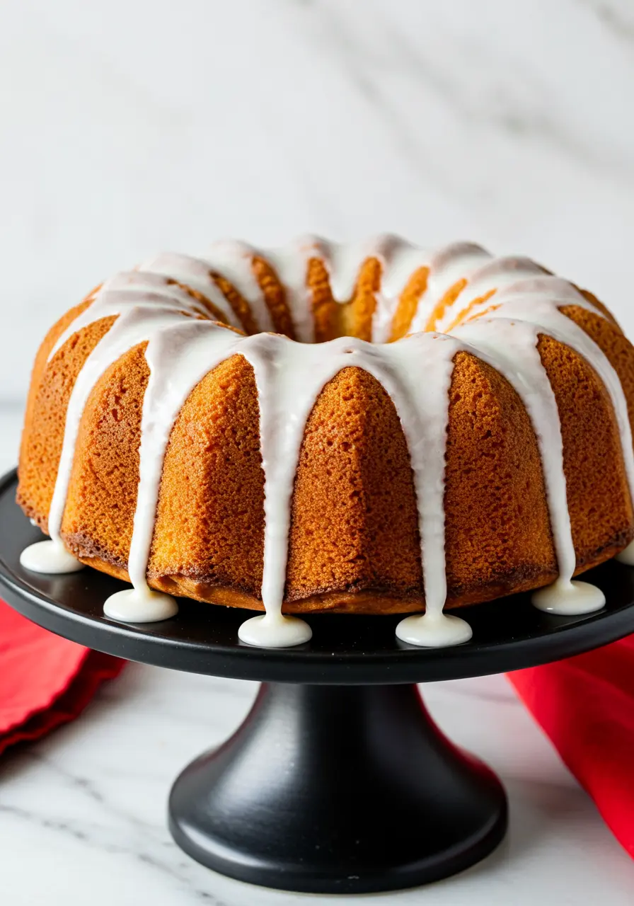 Lemon bundt cake on a black cake stand with lemon glaze on top.