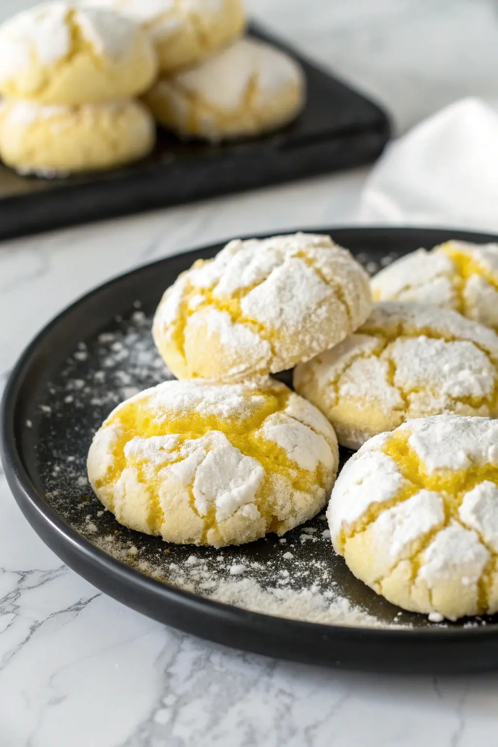 Lemon crinkle cookies on a black plate.