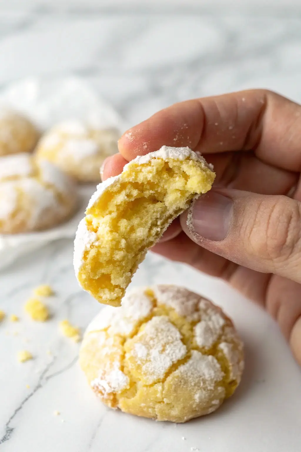 A hand is holding lemon crinkle cookie with a bite missing.