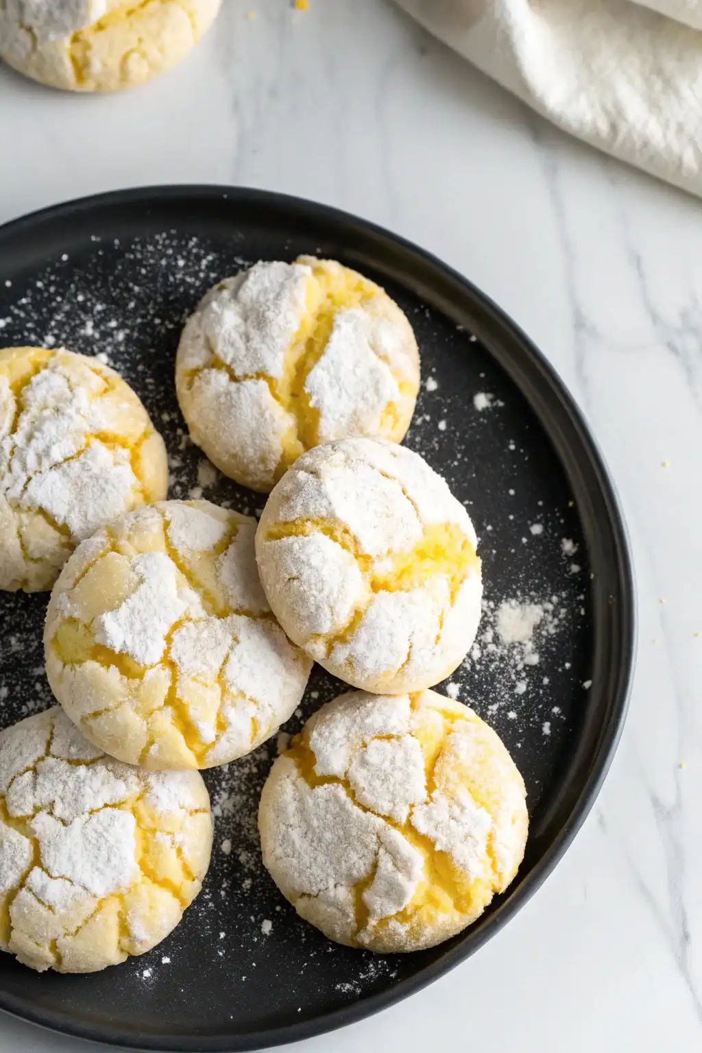Lemon crinkle cookies on a black plate against a white marble surface.