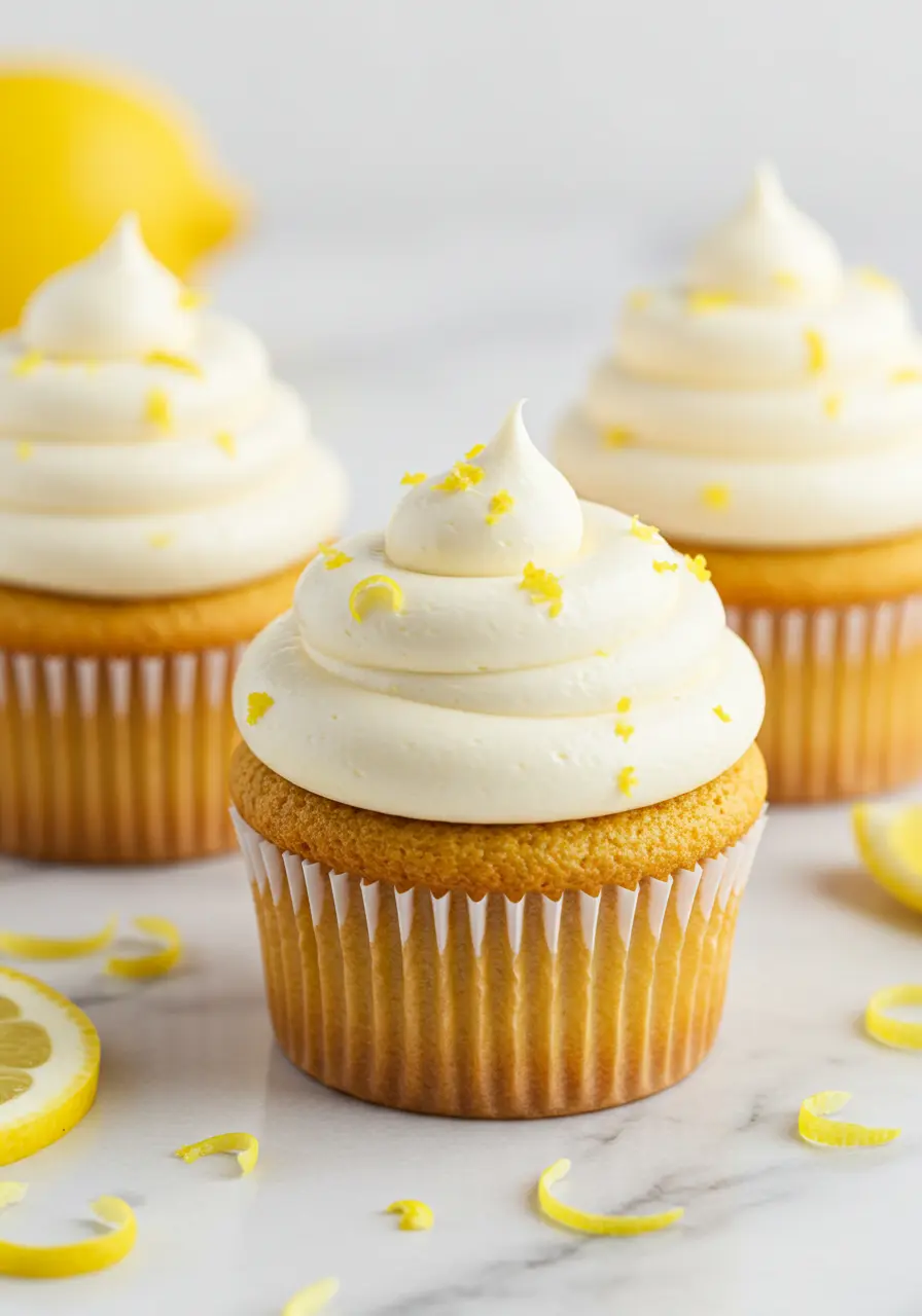 Lemon cupcakes on a white marble plate.