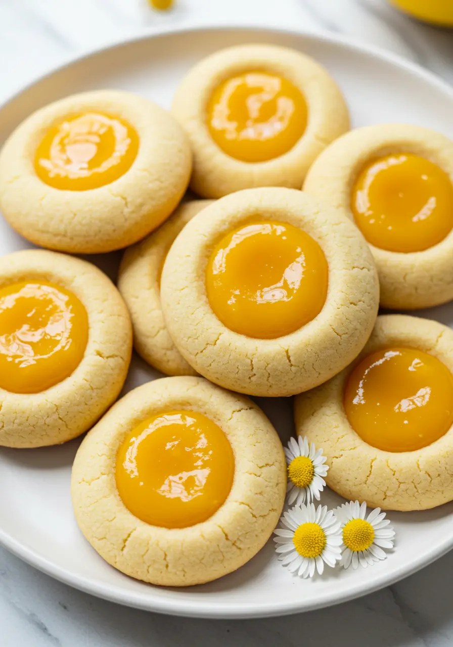 Lemon curd cookies on a white plate and a few white Marguerite are scattered around the plate.