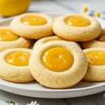 Lemon curd cookies on a white plate against a white marble surface, and a few white Marguerite are scattered around the plate.