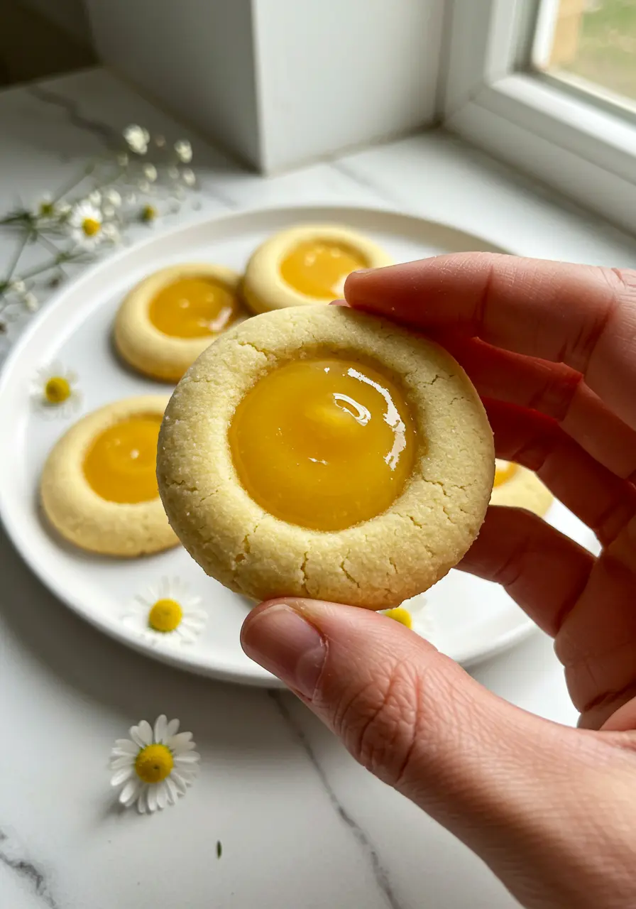 A hand holding a lemon curd cookie.