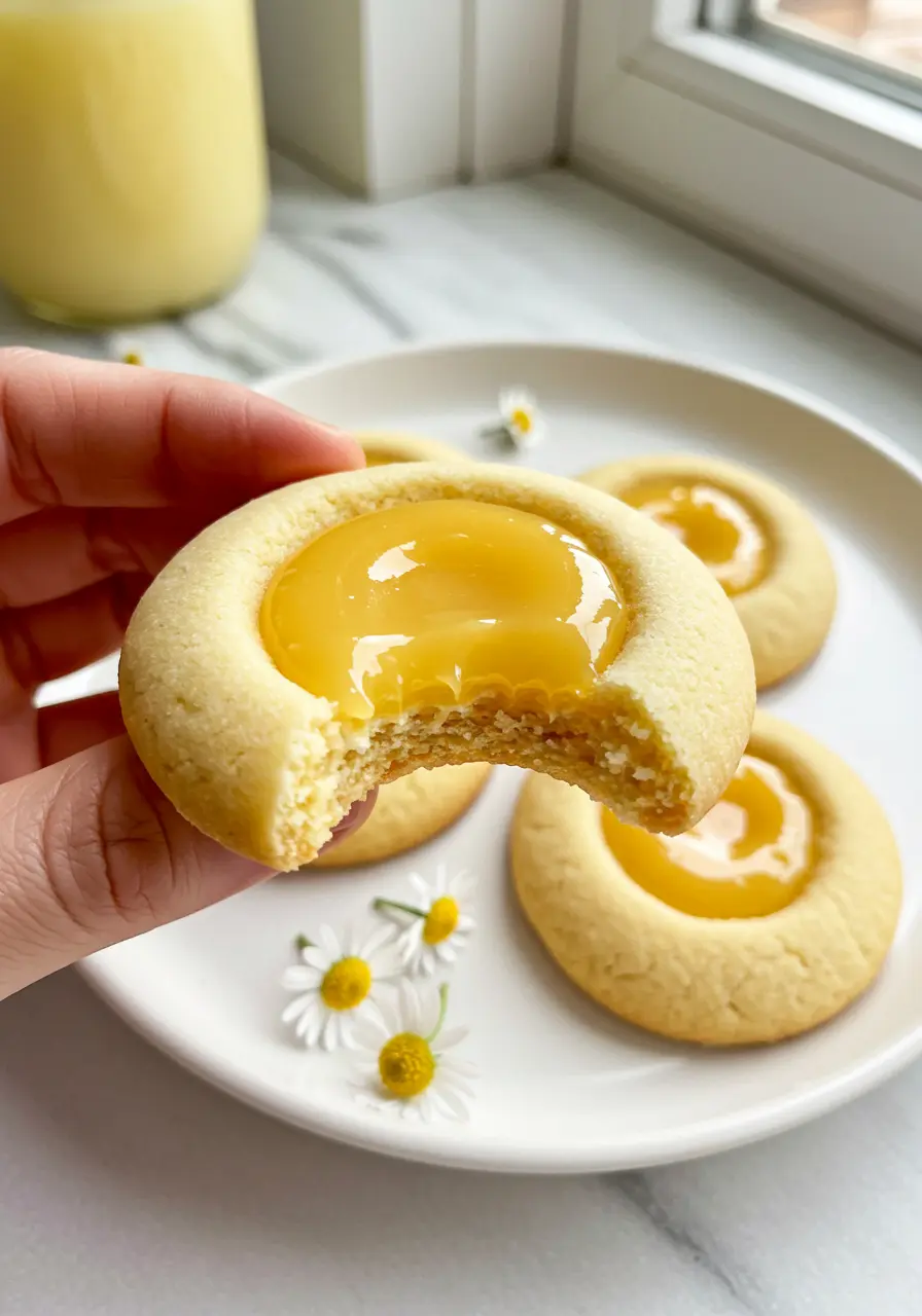 A hand holding a lemon curd cookie with a small bite taken out of it.