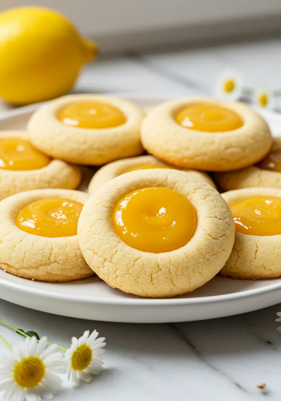Lemon curd cookies on a white plate against a white marble surface, and a few white Marguerite are scattered around the plate.