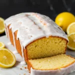 Lemon drizzle cake on a white marble plate.