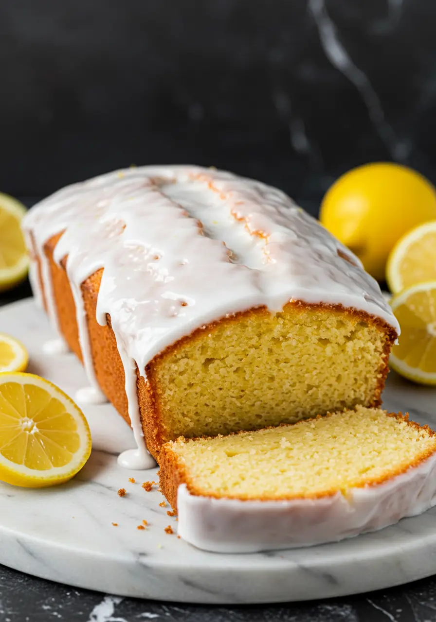 Lemon drizzle cake on a white marble plate.