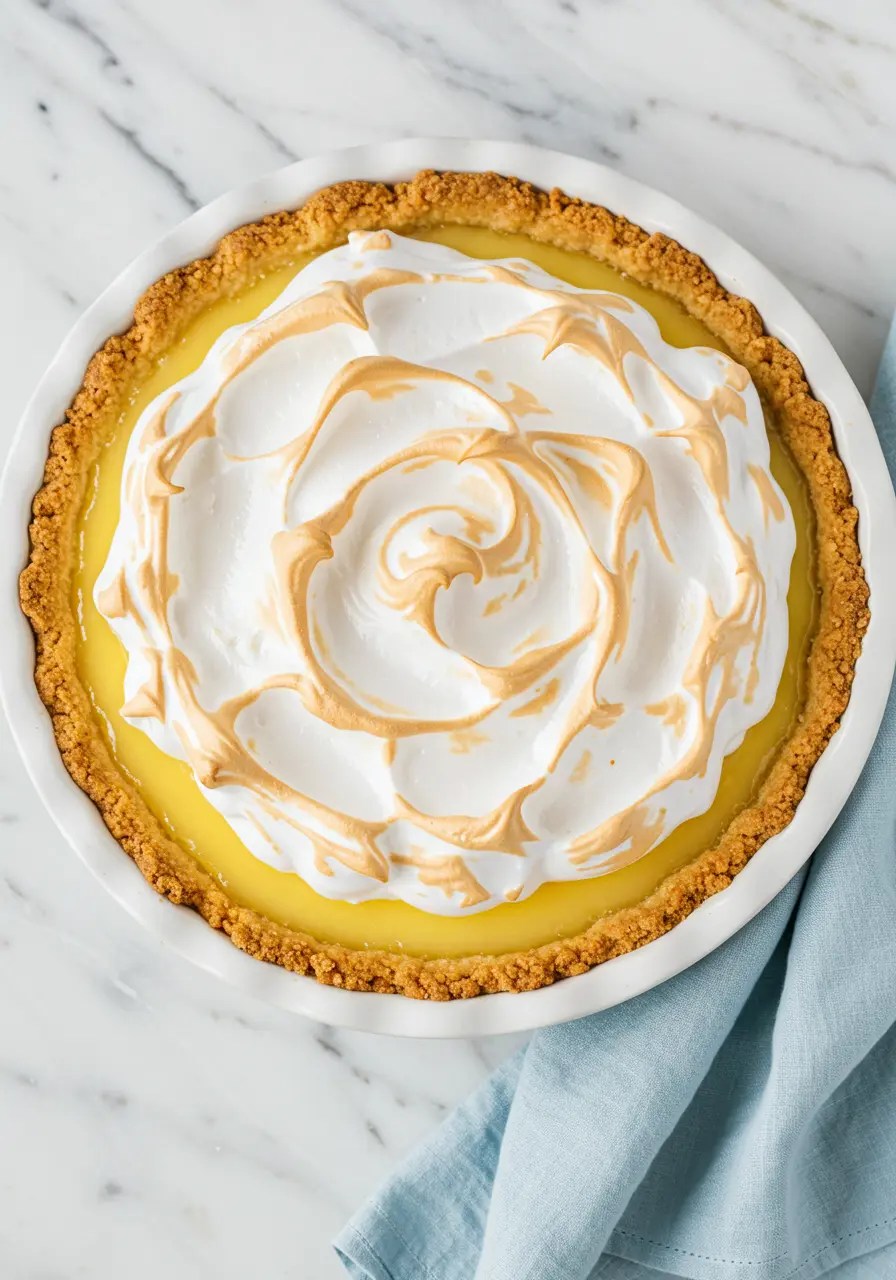 Lemon meringue pie in a white pie dish against a marble surface.