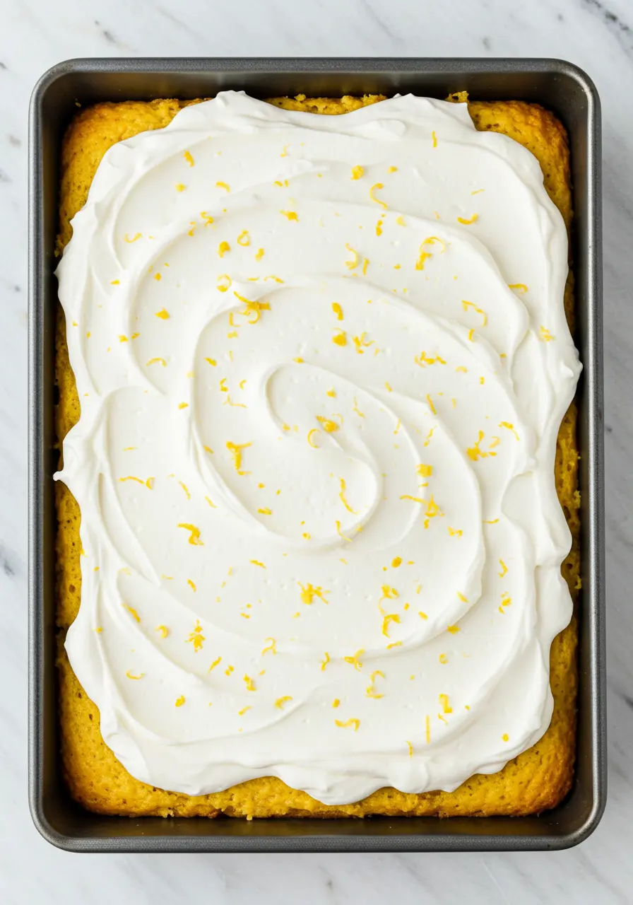 Lemon poke cake in a black baking dish.
