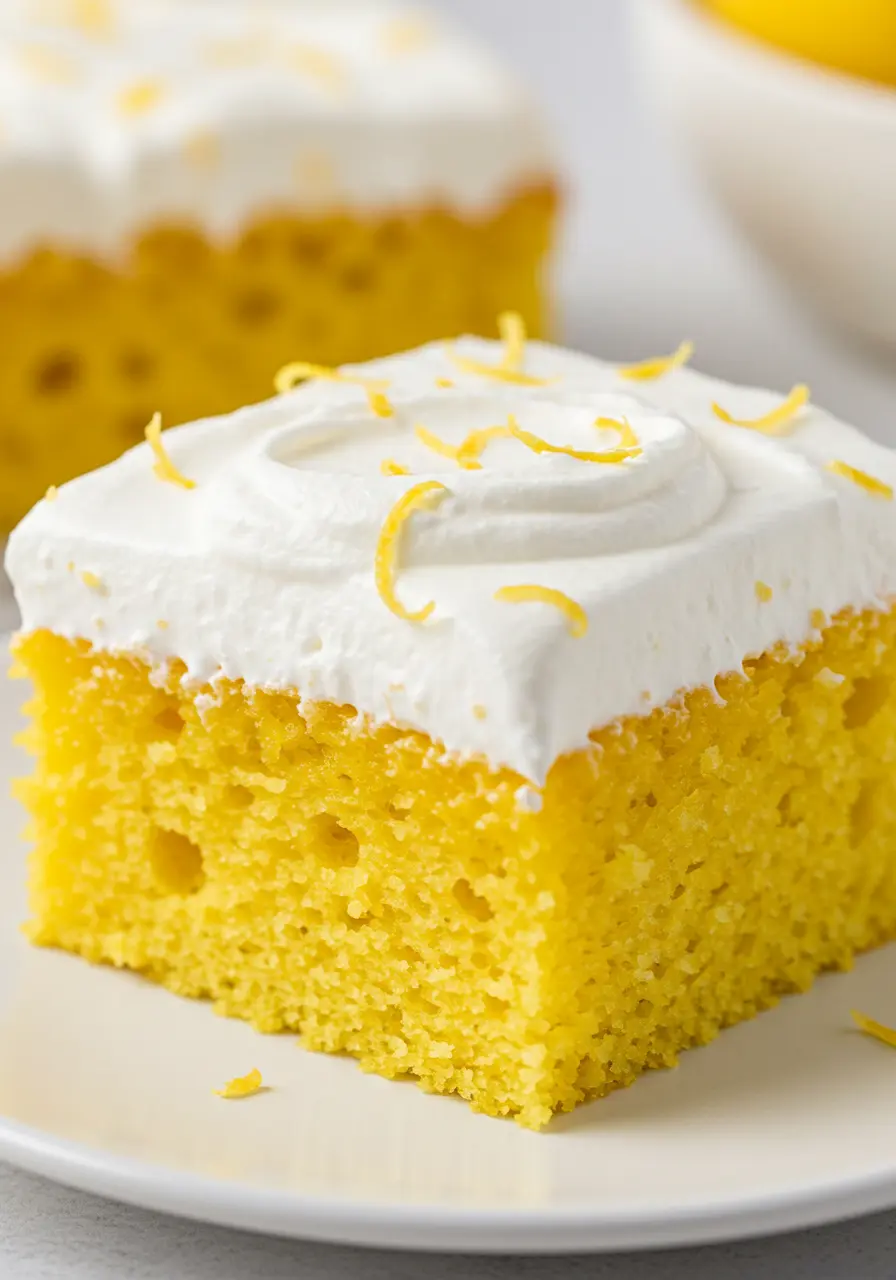A slice of lemon poke cake is placed on a white plate.