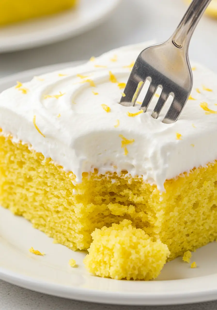 A slice of lemon poke cake is placed on a white plate with a fork inserted in the center.