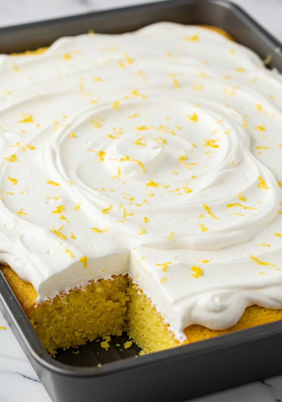 Lemon poke cake on a black baking dish placed on a white marble surface.