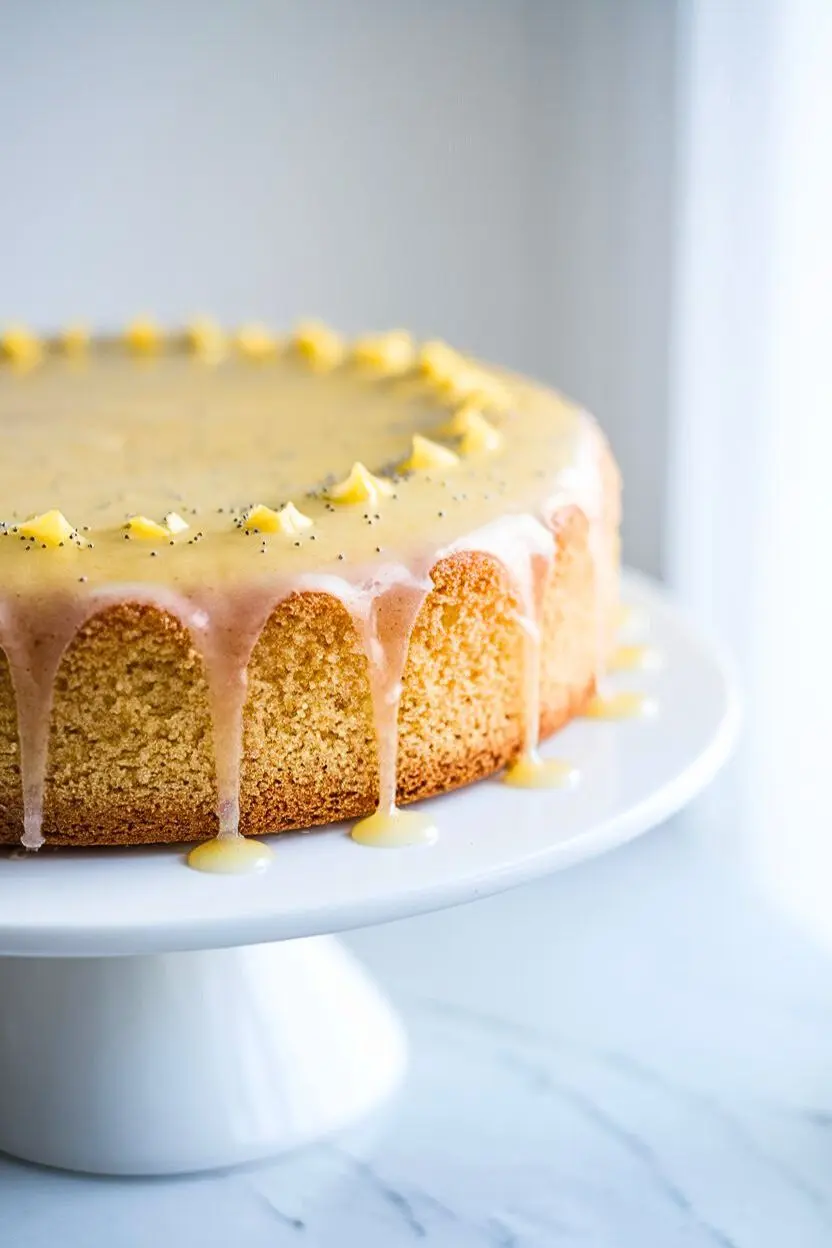 Vanilla Almond Cake, placed on a white cake stand.