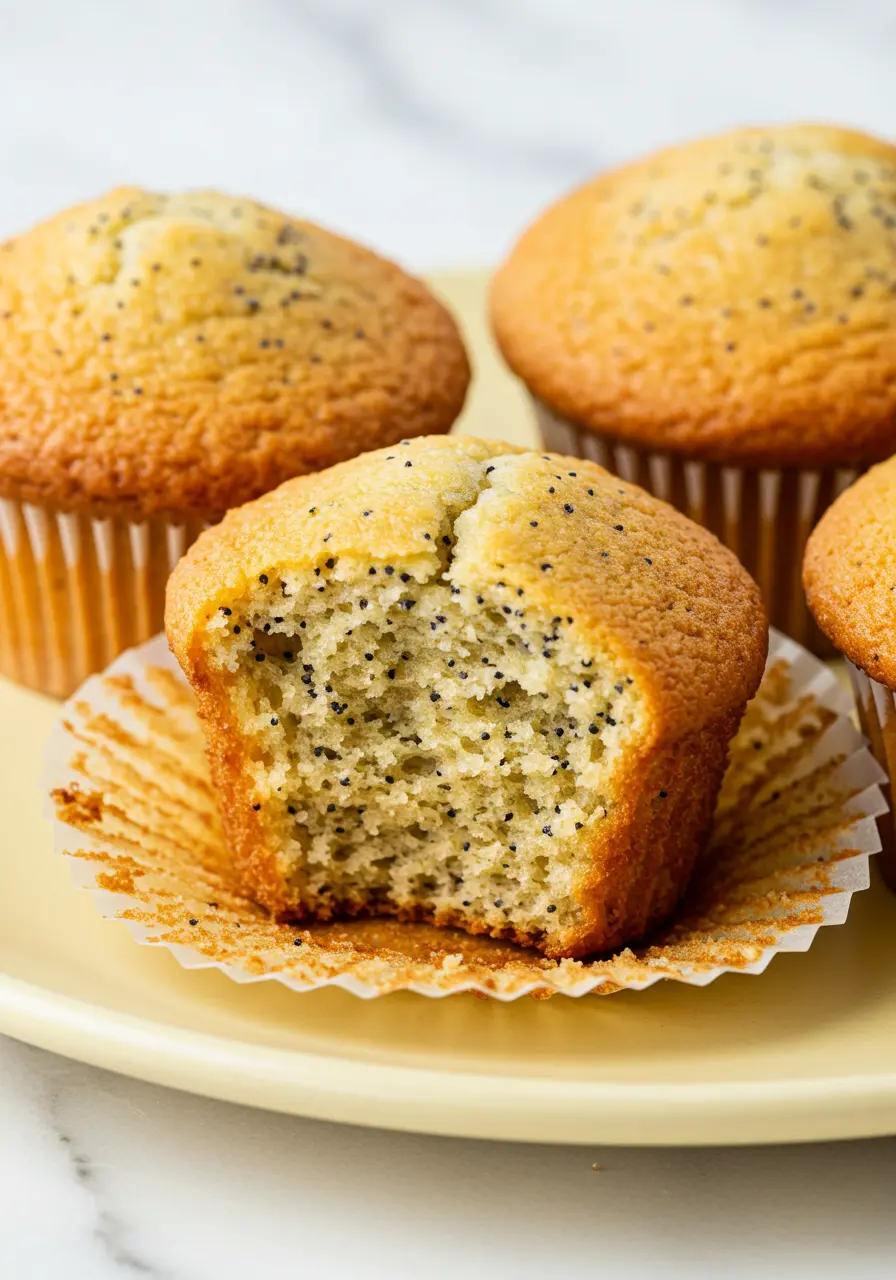 Lemon poppyseed muffins on a light-yellow plate with one muffin has a bite taken out of it.
